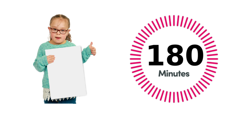 Young child and symbol saying '180 minutes'.