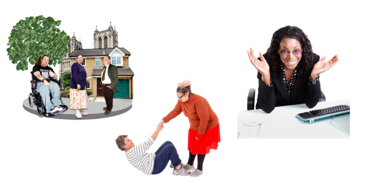 Group of people in front of a house and church, a woman helping another woman up, woman sat at desk with computer keyboard.