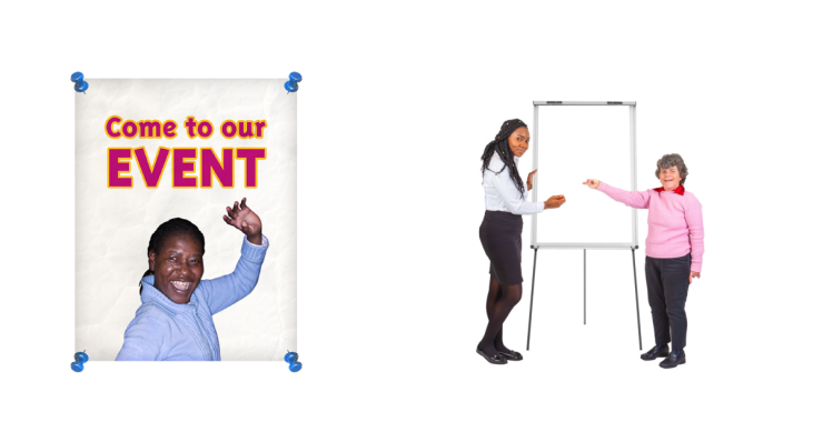 Woman advertising an event and two people in front of a whiteboard.