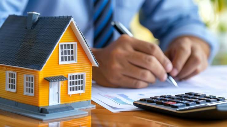 Toy house on a desk with man doing calculations