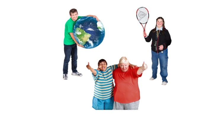 Man holding an image of the earth, two friends smiling, woman with tennis racket.