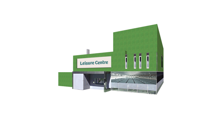 Big green building with a sign reading 'Leisure Centre'. 