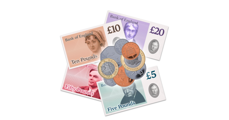 British pound notes and coins.