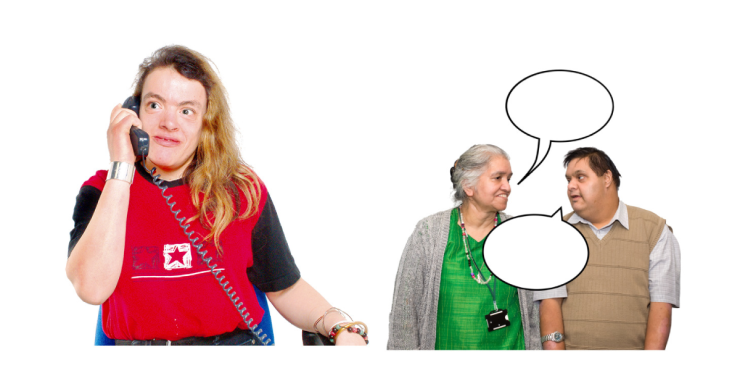 Woman on the phone and two people talking with speech bubbles.