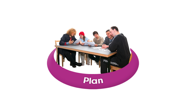 Group of people sat around a table, surrounded by a purple banner reading 'Plan'.