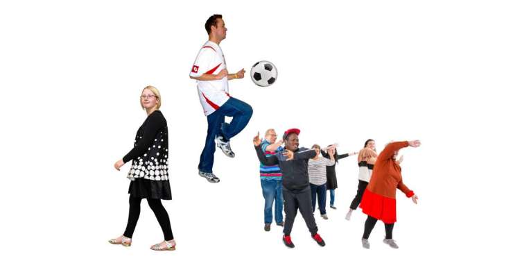 Image of man with football, woman walking and group of people dancing.