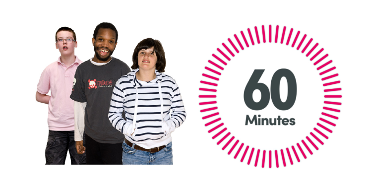 Young people and symbol that reads '60 minutes'.