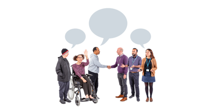 Group of people speaking with plain speech bubbles.