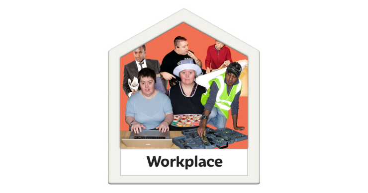 House symbol with people doing different work inside. Including a person with cakes, someone with a laptop, and a person wearing a suit.