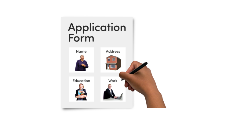 An application form with pictures on showing that you need to add your name, address, education and work.