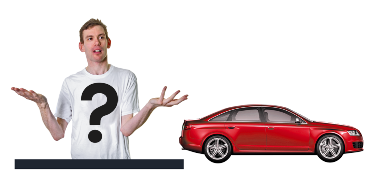 A person with a question mark on their t-shirt next to a car.