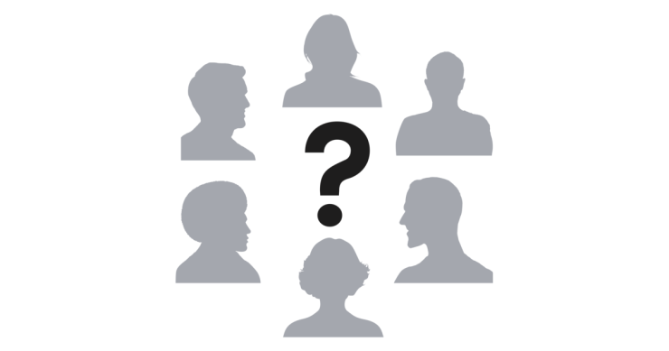 A question mark surrounded by different silhouette heads.