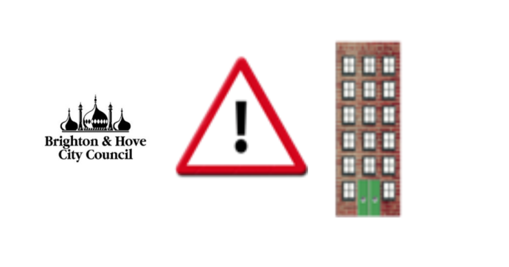 The Brighto & Hove City Council logo, a warning sign, and a high rise tower block cartoon.