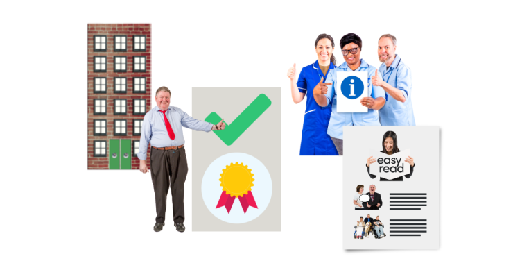 Tall building, man stood next to quality check, three people with information booklet, easy read information.