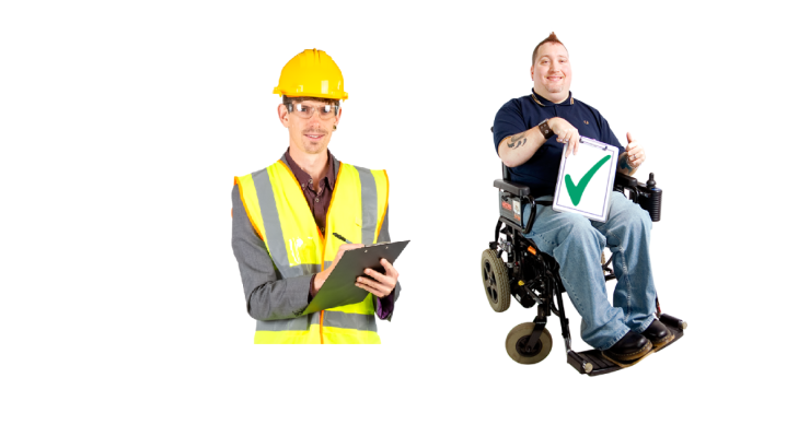 Man in hard hat and high vis jacket with clipboard. Man in wheelchair holding up bit of paper with a tick on it and doing a thumbs up.