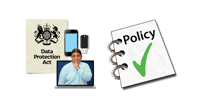 Data protection act with phone and USB next to it, and man in front making a 'shhh' gesture. Policy.