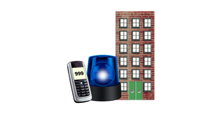 Blue police siren and phone with 999 on screen. Tall building.