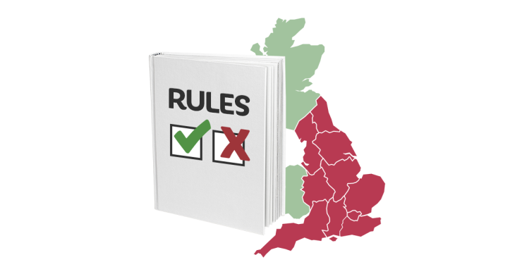 Map of the UK with England in red, with a rule book next to it.