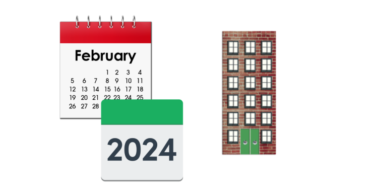 February calendar and calander that reads '2024'. Cartoon tall building.