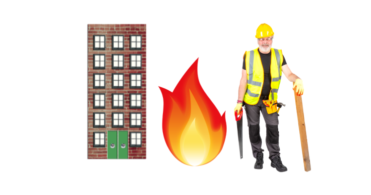 Tall building. Fire. Man wearing a hard hat, high vis vest and tool belt. He is holding a saw and a piece of wood.