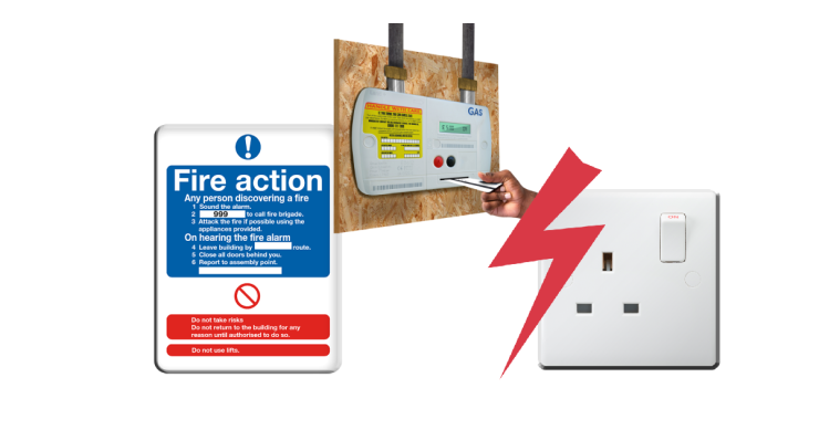 Fire action sign. Gas meter with hand taking a reading from it. Plug socket with red lightning symbol