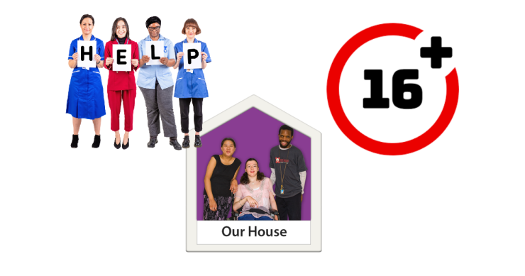 Group of people with 'Help' posters in hand. House shape with people inside. 16+ inside red circle.