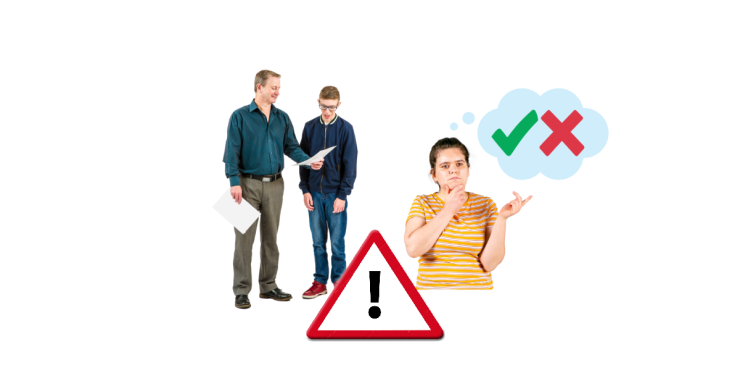 Two men sharing information. A triangle warning sign. A woman trying to make a decision with a tick and a cross in a speech bubble.