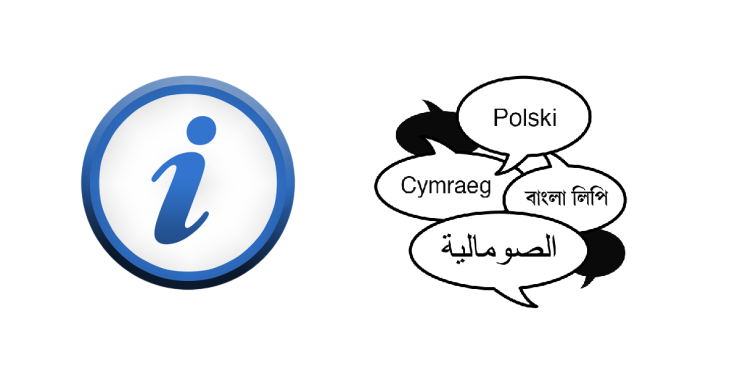 Information button and different languages in speech bubbles.