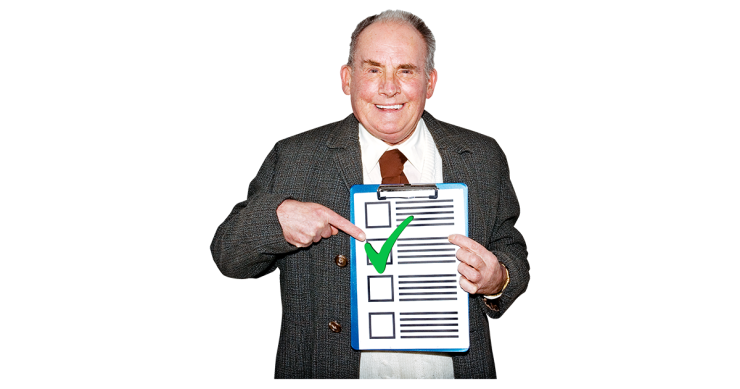 Man with clipboard, showing a list with one section ticked off.