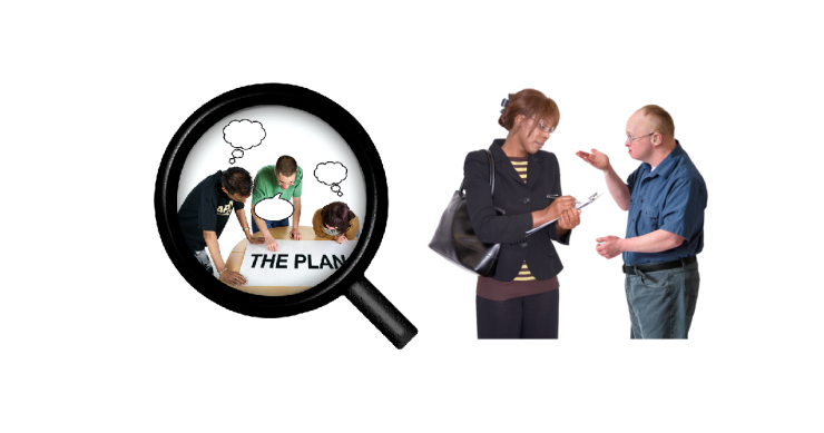 Magnifying glass with people planning in the centre. Person telling an official person about an issue.