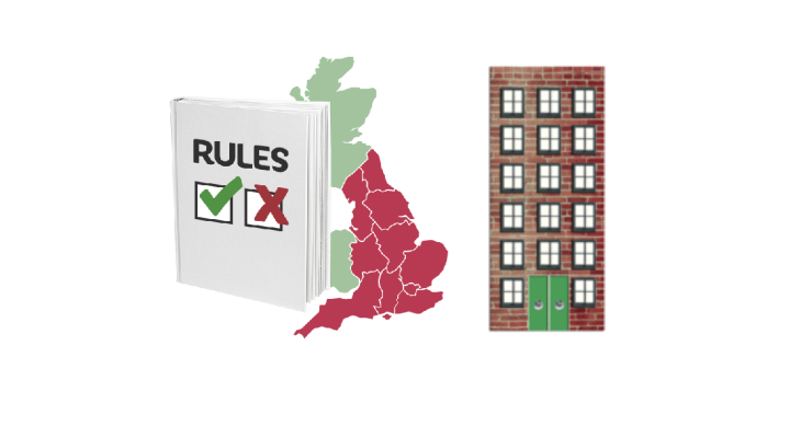 Rule book next to England. Tall cartoon building.