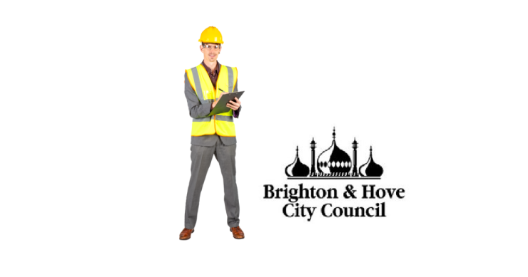 Man standing with yellow helmet and high vis jacket with Brighton & Hove City Council 