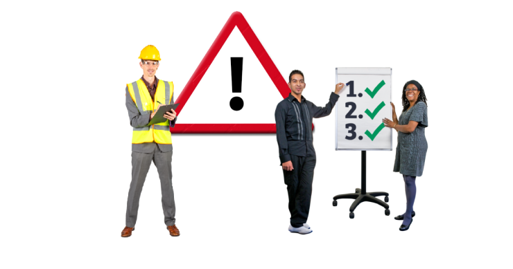 Man in a hard had and high vis standing writing on a clipboard. Warning sign. Two people standing in front of a board with a check list.