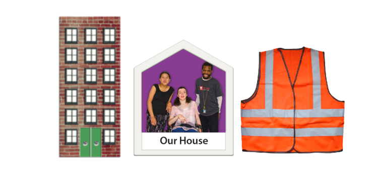 Tall building. House shape with 3 people inside. Orange safety vest.