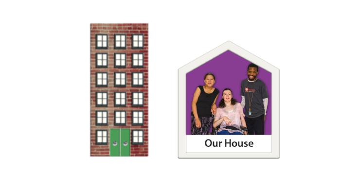 Tall building. House shape with people inside.
