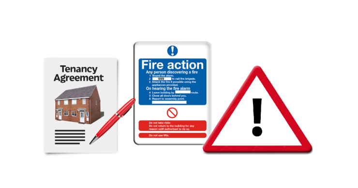 Tenancy agreement with red pen. Fire action sign. Triangle warning sign.