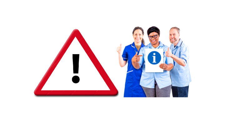 Traingle warning sign and group of three people holding up an information sign with thumbs up