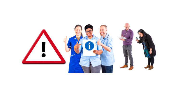 Traingle warning sign. Group of three people holding up an information sign. A man and a woman inspecting.