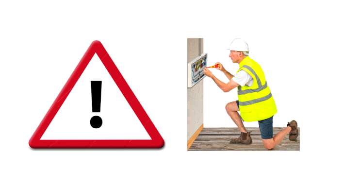 Triangle warning sign. Male electrician working on an electric panel.