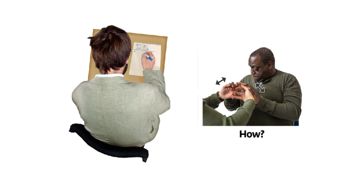 Man writing a to-do list and man saying how in sign language