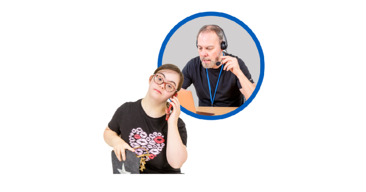 Woman calling a support line with man answering call in blue circle above her.