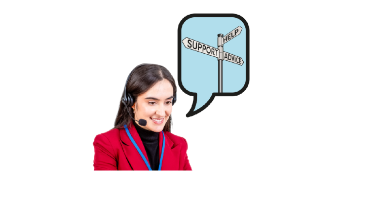 Woman on the phone with speech bubble. Speech bubble contains signpost saying 'help' 'support' and 'advice'.