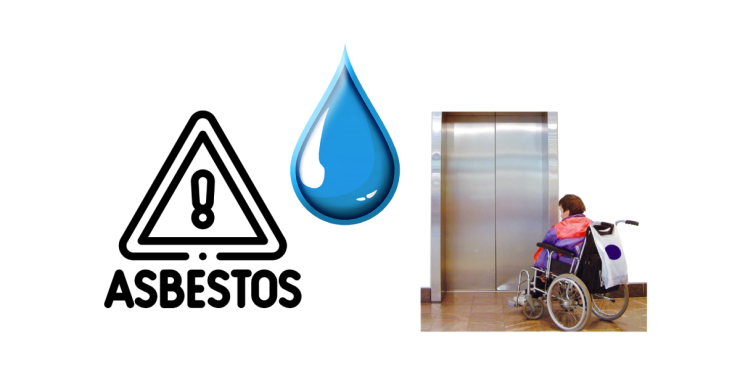 Asbestos with warning sign. Blue water drop. Lift doors with woman in wheelchair waiting in front of them.