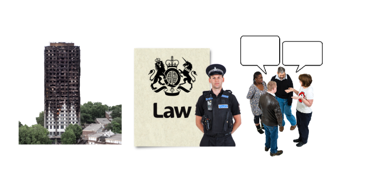 Grenfell tower. Policeman next to a paper reading 'Law'. Group of people talking.