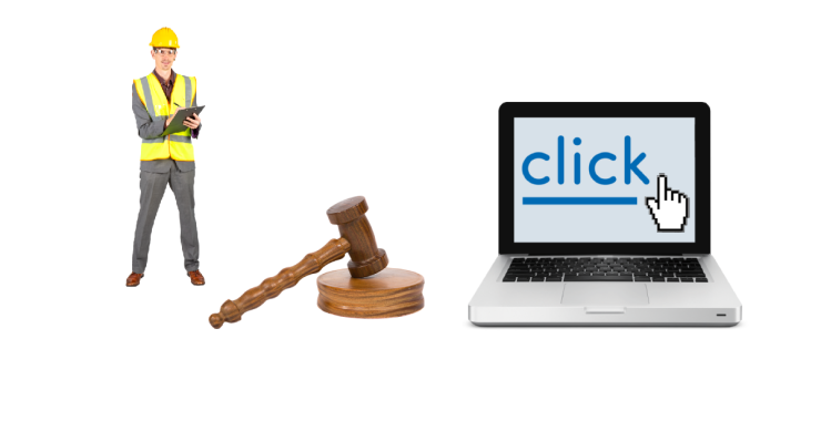 Building site worker. Wooden gavel. Laptop.