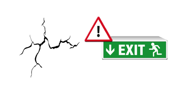 Crack in wall. Fire exit with triangle warning symbol