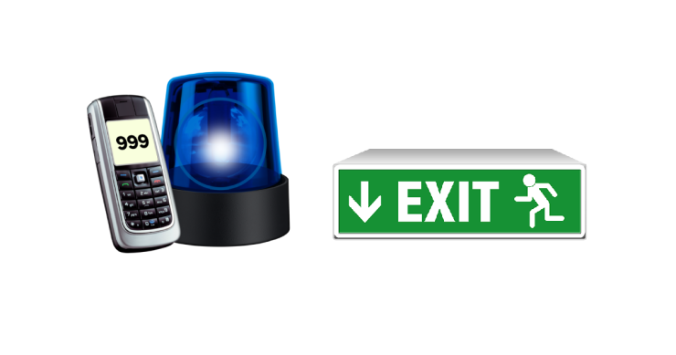 Emergency light with '999 phone'. A fire exit sign.