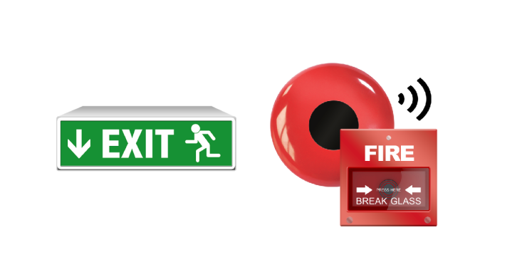 Fire exit and ringing fire alarm