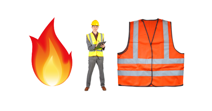 Fire. Man in hard hat and high vis vest. Orange safety vest..