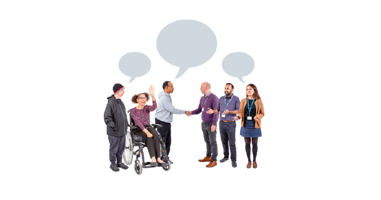 Group of people talking with speech bubbles.
